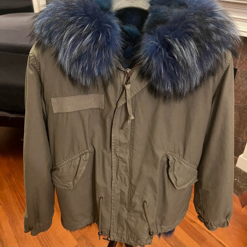 Mr & Mrs Italy Fur lined army parka blue fox raccoon trim coat khaki - Picture 6 of 16
